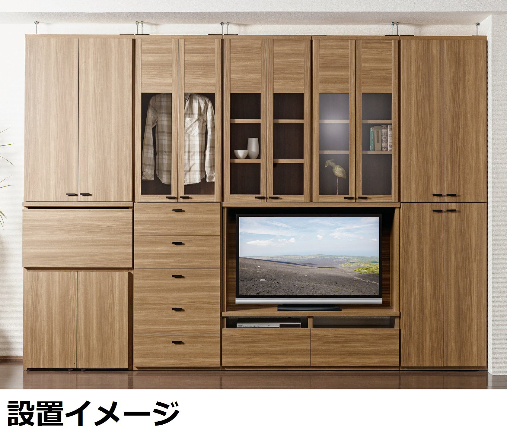 ハンガーラック クローゼット ガラス 扉付き クローゼットハンガー ブラウン ホワイト 完成品 収納 ラック 扉 棚 木製 クローゼット収納
