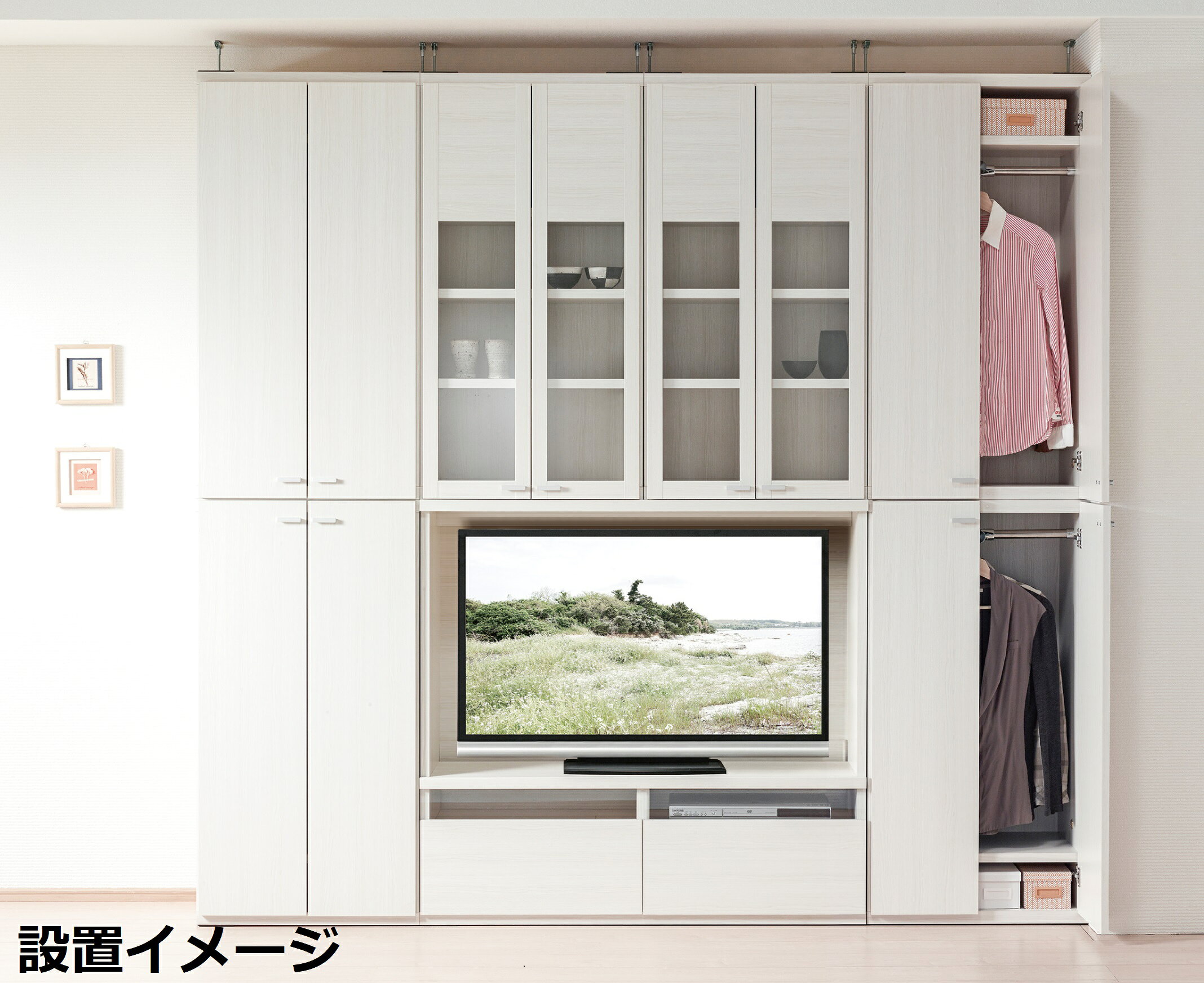 ハンガーラック クローゼット ガラス 扉付き クローゼットハンガー ブラウン ホワイト 完成品 収納 ラック 扉 棚 木製 クローゼット収納 [2]