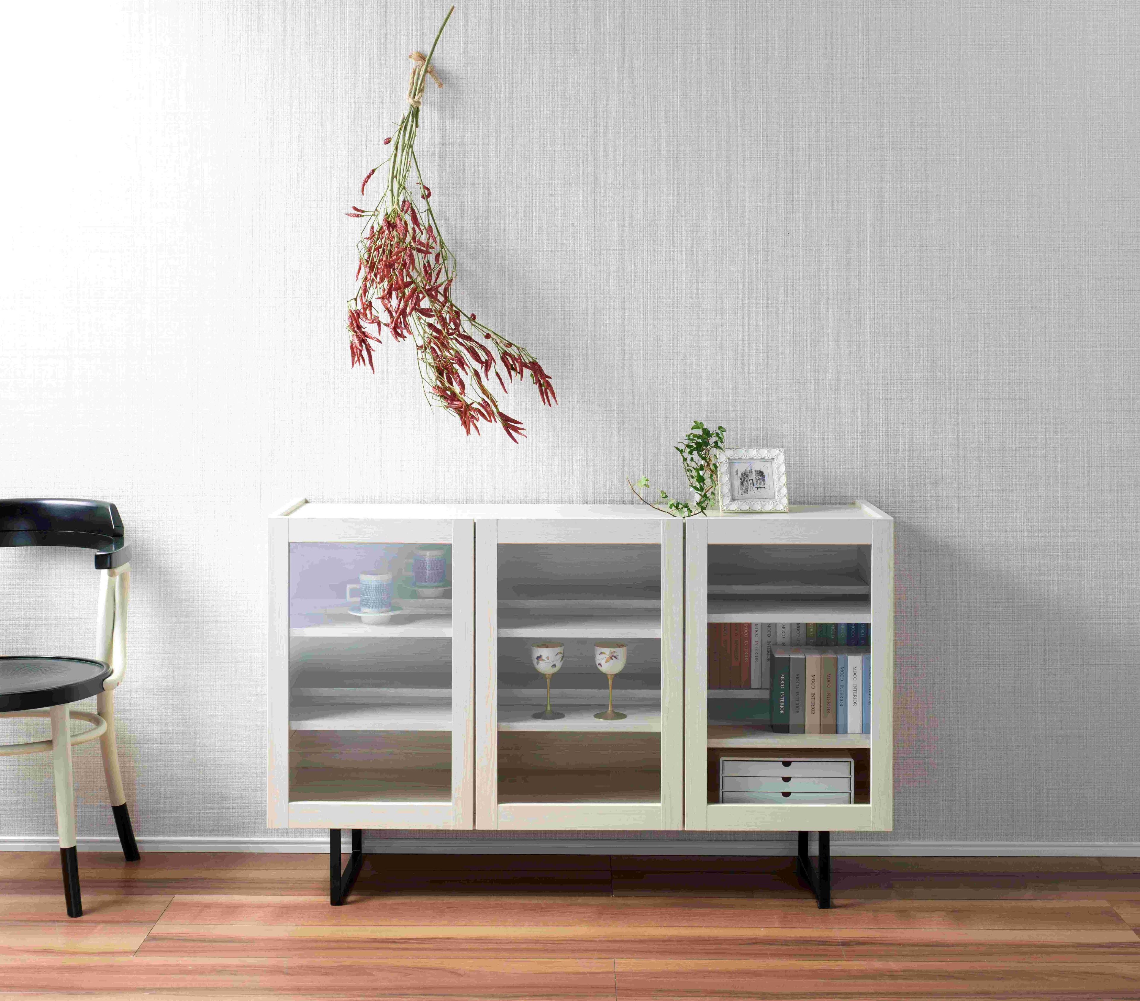 キャビネット サイドボード 収納棚 ツイン棚板 本棚 木製 リビング収納 スリム ガラス扉付 ホワイトウッド おしゃれ 日本製 完成品