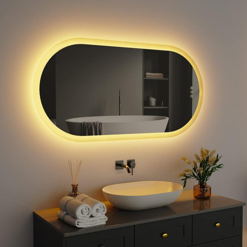 洗面鏡 ledライト付き 壁掛けミラー 曇り止め 全身 丸 姿見 くもらない 大きい 女優鏡 トイレ 美容室 3色照明モード 明るさ調節可能 楕円形