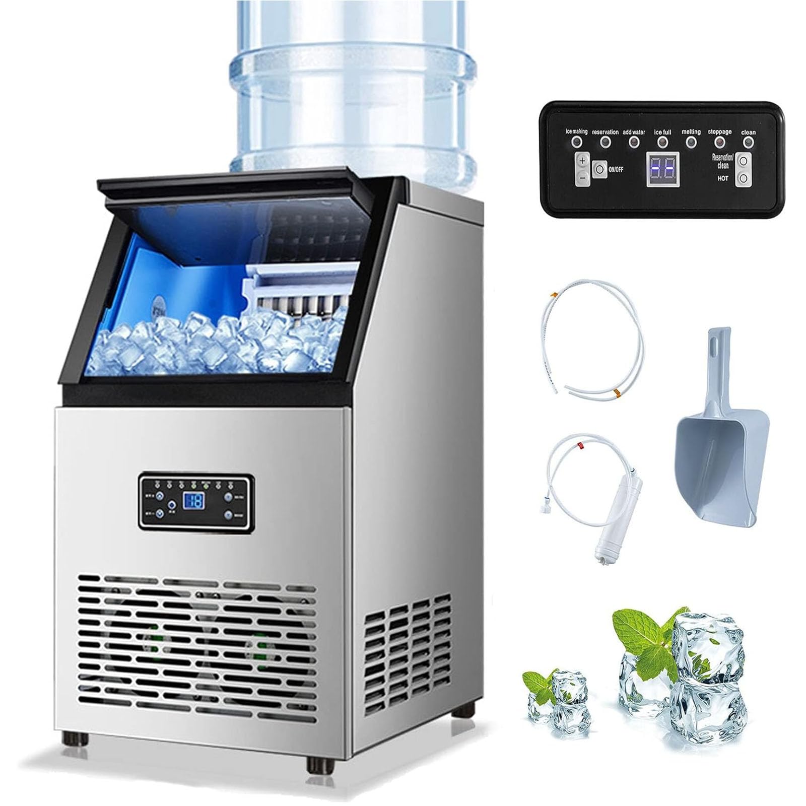 業務用自動製氷機 110V ビルトインステンレス製製氷機 家庭用商用新型静音デスクトップパイプラインなしの製氷機、60kg / 24H、15kgの貯蔵容量、40個のアイストレイ、パーティーギャザリング、レストラン、バー向けの自立型