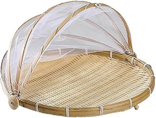 竹ざる 青竹もり皿 水切りザル 籐ざる 丸盆ざる ネット付き竹干しざる 干し野菜バスケット 天然竹製 円形 可動式フタ 防塵 害虫制御 通気 乾燥 陰干し 収納 保存 使いやすい 籐巻盆ざる 台所用品 (ラウンド)
