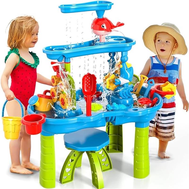 水遊びテーブル ダブルスピンシャワー ウォーターテーブル 椅子付き 脚の着脱機能あり幼児用3層サンドテーブル ウォータープレイテーブル 砂遊び おもちゃ ビーチ 水遊び 子供 夏 おもちゃ キッズサマービーチおもちゃ 子供たち 室外 砂 & 水のテーブルのおもちゃ 親子