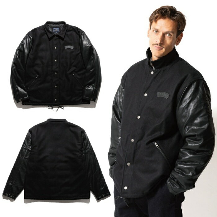 カラー BLACK サイズ M　　L　　XL 素材 本体：ウール50%　ポリエステル50% 袖：ポリウレタン100% 裏地：ポリエステル100% 中綿：ポリエステル100% サイズ 着丈 身幅 裄丈 M 70cm 58cm 88cm L 72cm 61cm 91cm XL 74cm 64cm 94cm ※商品を平置きにした状態で採寸しています。商品によっては個体差、誤差が生じる場合もございますので、予めご了承下さい。採寸箇所は『サイズ表示について』をご覧ください。 ●サイズ表示について 【商品説明】 保温性が高いメルトン生地をメインに、袖やポケット口にはマットな質感のシンセティックレザーを採用したメルトンコーチジャケットです。裏地は中綿入りのキルティングになっており高い防寒性を発揮します。 ◆ご注文時の注意事項◆ 実店舗、他ECサイトと在庫を共有しておりますのでタイミングにより売り切れの場合がございます。申し訳ございませんがその場合はこちらからメールにてご連絡させていただきますのでご了承ください。 ご購入後に送信される【自動配信メール】はご注文確定のお知らせではございません。当店で在庫確認後にご注文確定のメールを送信させていただきます。ROARK　　　　　MELTON COACHES JACKET　　　　　商品番号：5406051 保温性が高いメルトン生地とシンセティックレザーを採用したメルトンコーチジャケット。 身長176cm 体重65kg のモデルがLサイズを着用。 身長176cm 体重65kg のモデルがLサイズを着用。 ※商品画像の色合いは撮影時の環境や表示画面の設定によって実物と多少異なる場合がございますので、予めご了承ください。