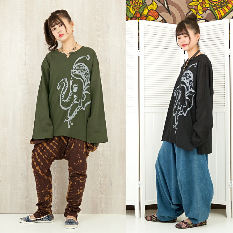 ガネーシャプリントキーネックプルオーバー トップス 長袖 クルタ シャツ Tシャツ ブラウス ラムナミ 神様 ヒンディー コットン 綿 お出かけ カジュアル ゆったり 大きいサイズ 全6色 amplace-10003136 アジアンマーケットプレイス サンプル画像3