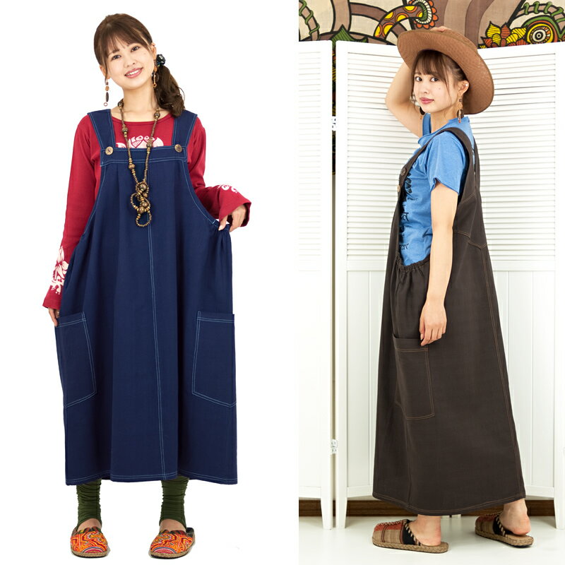 手織りコットンジャンパースカート【アジアンファッション/エスニックファッション/アジアン/エスニック/レディース/ワンピース/ジャンスカ/ロング/マタニティ/大きいサイズ】