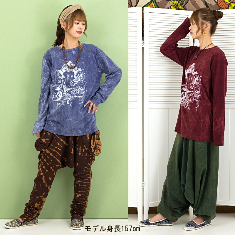 ガネーシャプリントストーンウォッシュロングTシャツ トップス カットソー シャツ 長袖 ストレッチ 神様 ヒンディー コットン 綿 お出かけ 部屋着 ルームウェア リラックスウェア カジュアル ゆったり 全4色 amplace-10003169 アジアンマーケットプレイス サンプル画像3