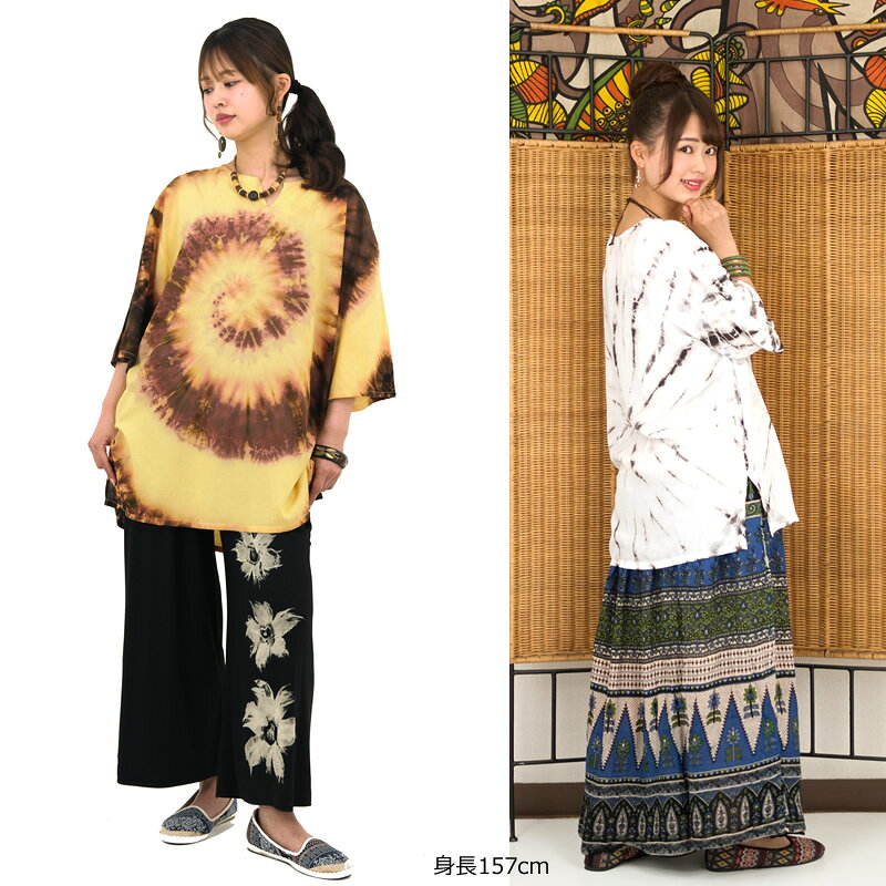 タイダイ染めレーヨンキーネック半袖プルオーバー トップス クルタ シャツ Tシャツ ブラウス 絞り染め お出かけ カジュアル ゆったり 大きいサイズ 全5色 amplace-10003020 アジアンマーケットプレイス サンプル画像3