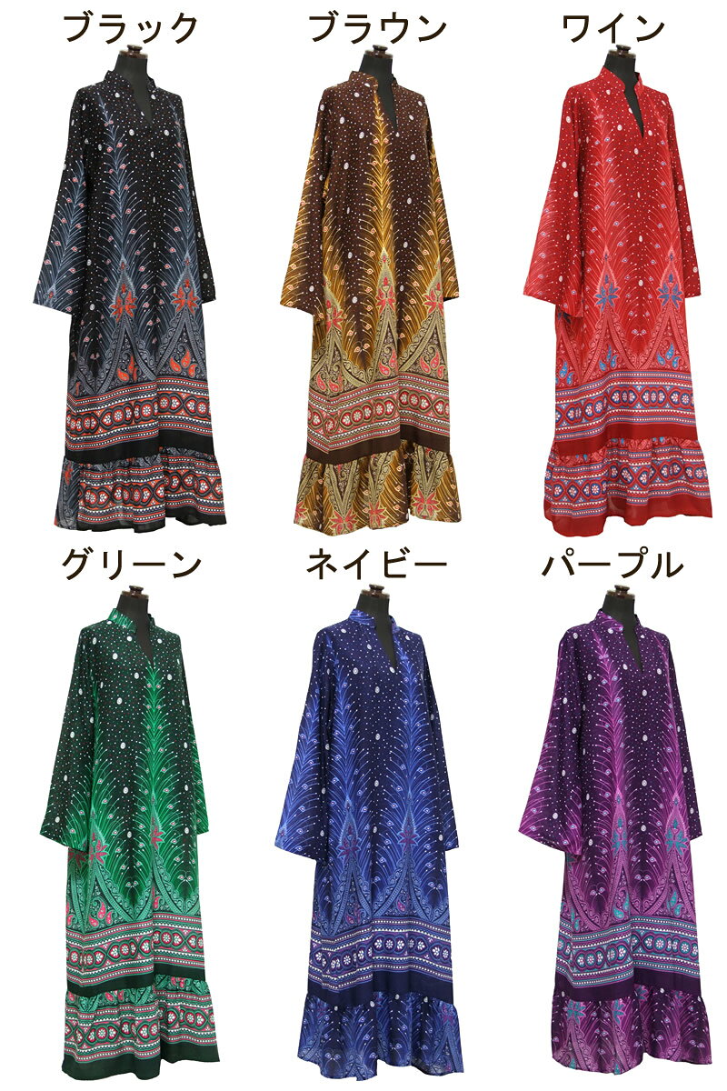エスニックプリントロングワンピース トップス チュニック 長袖 襟 Vネック レーヨン ピーコック 大きいサイズ マキシ丈 ロング丈 ゆったり 大きめ お出かけ 重ね着 裾フリル スキッパー 全6色 amplace-10003101 アジアンマーケットプレイス サンプル画像2