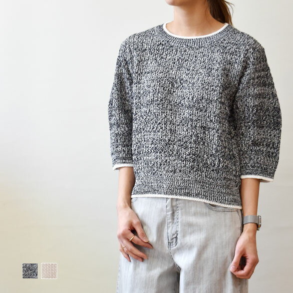 Crew Neck - irise（イリゼ）擬麻コットン 杢調 6分袖 ライン入りニット(ir019)(t9037)