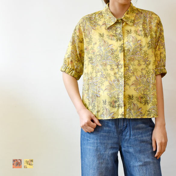 乐天商城 - IL VENTO & LA SETA（イルヴェントアンドラセータ）プリント 袖口ゴム 半袖 シアーブラウス(as093)(Q32C/220/3733)