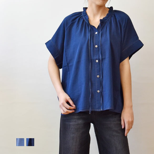 乐天商城 - CASA MUSIK（カーサムジーク）プチフリル衿 ギャザー 半袖デニムブラウス(at052)(933120)