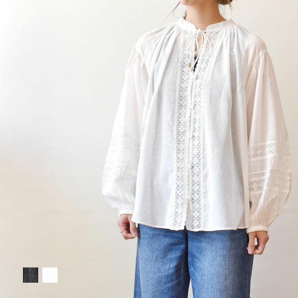 Fanaka（ファナカ）コットンボイル レース使い スキッパー 長袖ブラウス(os030)(261-5402)