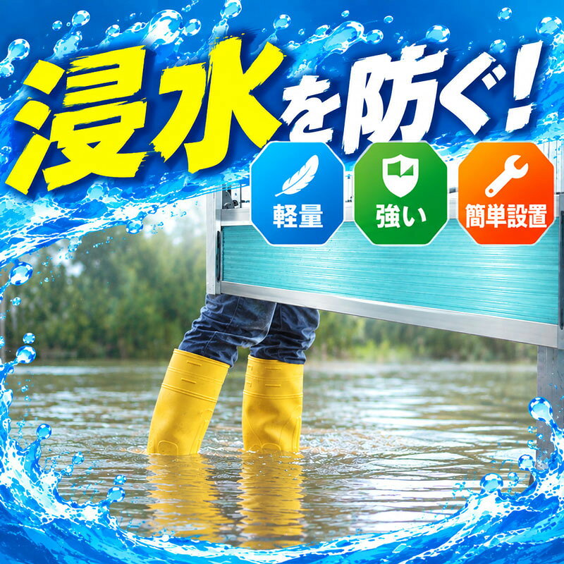 軽量パネル式簡易止水板「フラッドセーフ ライト」タキロンシーアイの「フラッドセーフ ライト」は、豪雨・集中豪雨・台風などによる浸水被害の軽減を目的とした、軽量パネル式の簡易止水板です。建物の出入口や通路、店舗・事務所・工場・病院・マンションなどの開口部に設置し、水の浸入を抑える浸水対策・水害対策におすすめです。必要なときに設置し、使用しないときは取り外して保管できます。ポリカーボネート製のハニカム中空構造を採用しており、軽量でありながら強度にも配慮されています。フラッドセーフ ライトの特長軽量で扱いやすい簡易止水板ポリカーボネートに独自のハニカム中空構造を採用。軽量化と強度を両立し、土のうなどと比べて持ち運びや設置の負担を抑えられます。簡単な2ステップで設置フットペダルを踏み、左右の固定金具のレバーを倒すことで設置できます。大がかりな作業を必要としない簡易設置タイプです。3方向からしっかり固定固定金具によってパネルを左右・下・奥の3方向へ圧縮。止水パッキンを床面や側面に密着させ、水の浸入を抑える構造です。水の力を利用して止水性を高める構造パネル内部はハニカム状の中空構造。浸水時に内部へ水が入ることで製品重量が増し、底面の止水パッキンに力が加わる構造となっています。半透明パネルで水深を確認しやすいパネルが半透明のため、屋内側から浸水時の水位を確認しやすく、圧迫感を抑えながら浸水対策を行えます。1段タイプ・2段タイプ1段タイプ高さ500mm、水深50cmに対応する止水板です。標準品は開口幅700〜2,350mmに対応。店舗・事務所・工場・施設などの出入口や開口部の浸水対策に適しています。2段タイプ高さ1,000mm、水深1mに対応する止水板です。より高い浸水を想定した水害対策に使用できます。標準的な対応間口は700〜1,950mmで、2段タイプは受注生産品です。フラッドセーフ ライトの止水性能一般財団法人建材試験センター立ち合いのもと、JIS A 4716に準拠した方法で止水性能試験を実施しています。1段タイプはJIS A 4716 Ws-6等級相当、2段タイプはWs-5等級相当です。試験条件では、1段タイプは水深50cm・W2,000×H500mmで漏水量1L/（h・平方メートル）以下、2段タイプは水深100cm・W2,000×H1,000mmで漏水量3L/（h・平方メートル）以下という結果が示されています。※試験値であり保証値ではありません。実際の漏水量は建物の構造、床面・壁面などの下地条件、設置方法などによって異なります。設置できる場所・用途店舗、スーパーマーケット、銀行、事務所、マンション、病院、介護施設、工場、浄水場、ポンプ室、変電室、エレベーター前、通路など、さまざまな場所の浸水対策に使用できます。豪雨や台風などで水が建物内へ浸入するおそれがある出入口・開口部に設置し、浸水被害の軽減を図ります。オプション部材設置場所に応じて、サイド柱、サイド柱L、屋内用サイド柱、中間柱、自動ドアセンサー回避部材などのオプション部材を使用できます。開きドア、通路、屋内設置、間口の広い場所、自動ドアなど、標準仕様だけでは設置が難しい場所にも対応できる場合があります。設置条件について設置前に、開口幅だけでなく固定面の幅・奥行・高さ、床面の状態、柱・壁の強度、ドアやサッシ、取手、自動ドアセンサーなどの位置をご確認ください。床面は金属・石・コンクリートなど、十分な強度があり、著しい凹凸・割れ・段差などがない平滑な面が基本です。磁器タイル、アスファルト、点字ブロック、インターロッキングブロックなど、設置条件によっては下地調整やオプション部材が必要になる場合があります。設置方法1．フットペダルを踏む側面パッキンを奥方向へ圧縮します。2．左右のレバーを倒す固定金具のレバーを90度倒し、パネルを左右・下・奥の3方向へ圧縮して固定します。取り外す際は、必ずロック解除を行ってからレバーを上げてください。ロック解除を行わずにレバーを上げると、製品が破損するおそれがあります。保管・メンテナンス使用後はパネル内部に水や泥、落ち葉、小枝などが残っていないか確認し、必要に応じて清掃してください。止水パッキンは経年や使用によって劣化するため、定期的に変形・損傷などの状態を確認してください。交換用止水パッキンも用意されています。ご注文前にご確認くださいフラッドセーフ ライトは、設置場所によって必要な製品サイズやオプション部材が異なります。特に開口幅、固定面、床面、柱・壁の状態、ドア・サッシ・取手・自動ドアセンサーなどの位置をご確認ください。間口が広い場合や、開きドア・屋内・自動ドアなどへの設置では、サイド柱・中間柱などが必要になる場合があります。オプション部材を使用する場合は、対応間口が変わりますので、サイズ選択にはご注意ください。よくある質問Q. フラッドセーフ ライトとは？豪雨や浸水による水の浸入を抑える軽量パネル式の簡易止水板です。必要なときに設置し、使用しないときは取り外して保管できます。Q. 1段と2段の違いは？1段タイプは高さ500mm・水深50cm、2段タイプは高さ1,000mm・水深1mに対応します。Q. 工事は必要ですか？設置条件を満たしていれば、工事やオプション部材を使わずに設置できる場合があります。設置場所によっては簡易工事やオプション部材が必要です。Q. 完全に水を止められますか？完全止水を保証する製品ではなく、水が浸み出す可能性があります。実際の漏水量は建物や下地、設置方法などによって異なります。こんな方におすすめ豪雨・台風による浸水に備えたい方、土のう以外の水害対策をお探しの方、軽量で設置しやすい止水板をお探しの方、店舗・工場・病院・マンションなどの浸水対策を検討している方、必要なときだけ設置できる簡易止水板をお探しの方におすすめです。重要な注意事項フラッドセーフ ライトは完全に止水できる製品ではありません。止水性能試験の数値は試験値であり保証値ではありません。製品の変形・損傷や設置条件によっては止水機能を十分に発揮できない場合があります。より高い止水性を必要とする場合は、別商品「フラッドセーフ パネル」もご検討ください。タキロンシーアイのフラッドセーフ ライトで、店舗・住宅・施設・工場などの出入口や開口部の浸水対策、水害対策をご検討ください。返品：原則としてお受けできません。タキロンシーアイの防災・減災シリーズ台風や集中豪雨による浸水被害から大切な資産を守る脱着式の止水板 「フラッドセーフライト 」で手軽に止水対策！！止水板とは集中豪雨などによる浸水被害から大切な資産を守る近年、気候変動やヒートアイランド現象が要因と考えられる都市部を中心とした非常に激しい降雨現象が多く発生しており、局地的かつ短時間に発生する猛烈な降雨は集中豪雨と呼ばれています。なかでも集中豪雨は、排水処理能力を超えることによる浸水被害（内水氾濫）や河川氾濫による浸水被害（外水氾濫）を引き起こすことから、浸水防止対策に注目が集まっています。フラッドセーフライト 1段タイプ W1000~2000軽量、熱、衝撃・摩擦などに強く、成形・加工もしやすいプラスチックの優れた特性に、タキロンシーアイが長年培ってきた技術とノウハウを融合。突然訪れる自然災害に備えて、集中豪雨などによる浸水被害から大切な資産を守る「フラットセーフシリーズ」は止水性の高さはもちろん軽量で設置が非常に簡単です。【製品仕様】パネル: 中空ポリカーボネート　枠：アルミ型材（厚さ：45mm）　パネル色相：グリーンフロスト　パッキン: EPDM（厚さ：10mm）■特長・突然訪れる自然災害に備えて、集中豪雨などによる浸水被害に備える。・設置が早くて簡単。土のうに比べてはるかに軽く、金属止水板と同等に強い優れた止水性。・女性やお年寄りでも手軽に扱えます。・半透明パネルで屋内から浸水量を確認できる。・取っ手付きで持ち運びも便利！・不要時は、付属の収納バッグにて吊り下げて収納できます。・繰り返しご利用いただけます。■用途家屋や建物・商業施設、マンションのエントランス、出入口、シャッター前等の浸水防止対策に台風や集中豪雨などによる浸水被害から大切な資産を守るフラッドセーフライトは、軽量で、熱・衝撃・摩擦などに強く、成形・加工もしやすいプラスチックの優れた特性に、タキロンシーアイが長年培ってきた技術とノウハウを融合。突然訪れる自然災害に備えて、集中豪雨などによる浸水被害から大切な資産を守る「フラットセーフシリーズ」は止水性の高さはもちろん軽量で設置が非常に簡単です。JIS A 4716 Ws-6等級に相当します。オプションこちらの商品は、設置するにあたり、オプション品が必要な場合がございます。設置可能場所等、詳しくは、商品の詳細をご確認後、必要な商品をご注文ください。●フラッドセーフライト専用 サイド柱 　→　30000円●フラッドセーフライト専用 サイド柱L 　→　40000円●フラッドセーフライト専用 屋内用サイド柱 　→　50000円●フラッドセーフライト専用 中間柱 　→　98000円●フラッドセーフライト専用 自動ドアセンサー回避部材 　→　25000円●フラッドセーフライト 張替パッキン 　→　20000円送料についてチャーター便や航空機運賃等、離島・遠隔地は別途追加送料あります。時間指定・置き配不可・また、ご不在の場合、再配達料は別途頂戴致します。予め、ご了承くださいませ。※2段タイプ（水深1メートル対応）に関しましては、特注仕様・受注生産になり（納期はおおよそ4週間程で）幅1mm単位で対応可能になります。ご希望の際は、お問い合わせくださいませ。