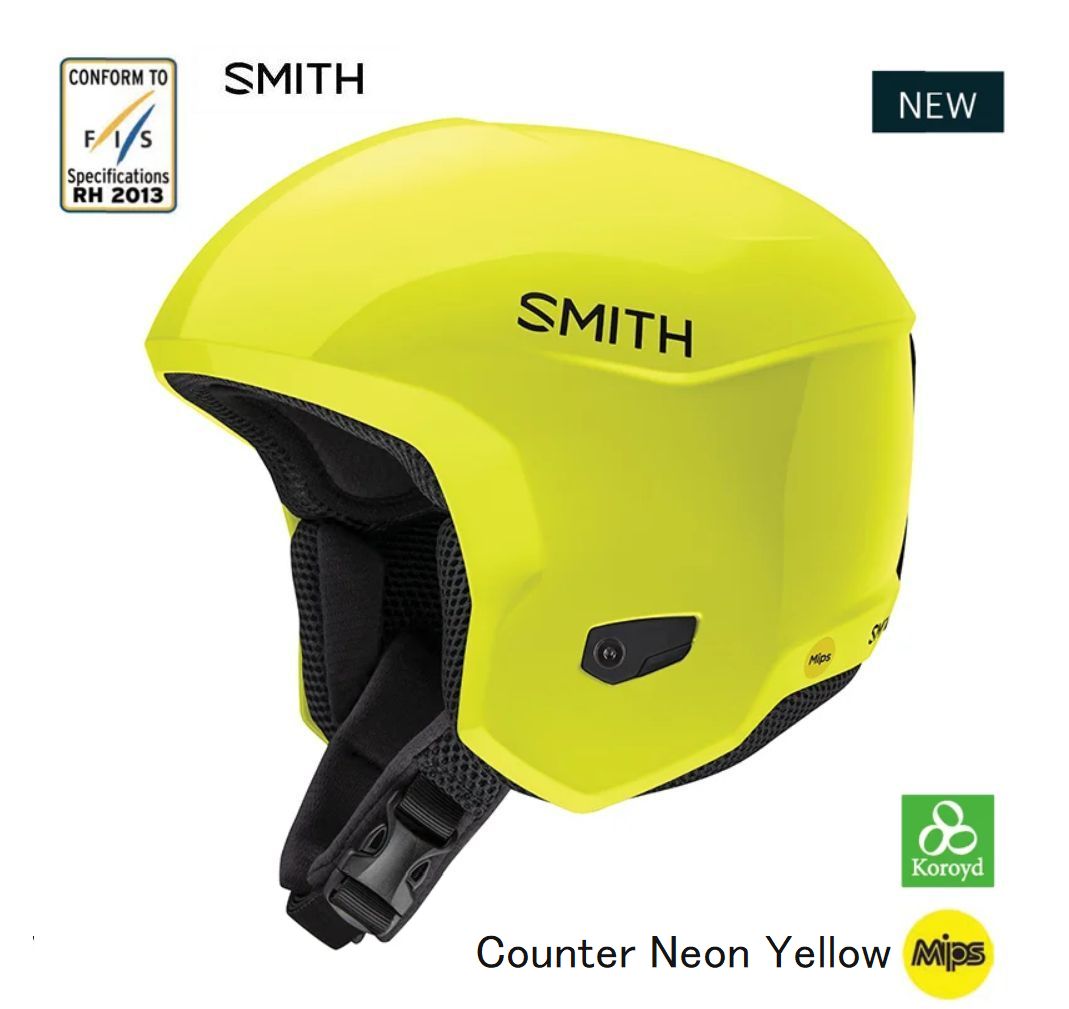SMITH/スミス 　Counter /カウンター　Neon Yellow　　　　　正規品 FIS規格のアルペンレースヘルメット。後頭部に配置されたコロイド、MIPS、ABSシェルでレースシーンに必要なプロテクションを達成。SMITH独自のベンチレーションシステム、AirEvac構造によりゴーグル内部の曇りの原因になる湿った空気を外に排出する。Iconよりもコロイドパネルの量を減らすことで4万円以下の価格を実現させたニューモデル。 全カラーMIPS仕様となります。 ROTECTION + Koroyd マテリアルを使用したエアロコア・　コンストラクション + 高衝撃耐久性のABSシェル構造 + EPSとEPPのハイブリットライナー + FIS RH 2013規格 + MIPS搭載 FIT + XT2 汗をはじくライナー採用 + AirEvac ベンチレーションシステム + 聴覚構造イヤーパッド + 別売 脱着可能なSLALOM CHIN GUARD FEATURES US SIZE: + Medium 55-59cm + Large 59-61cm CERTIFICATION: ASTM F2040, CE EN 1077:2007 CLASS B, FIS RH2013 WEIGHT (SIZE M) : 700g メーカー希望小売価格はメーカーカタログに基づいて掲載しています