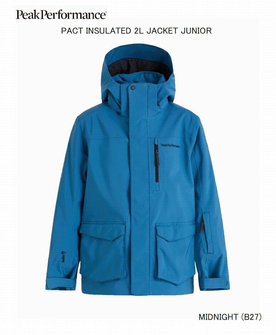 メーカー名：PeakPerformance 商品名：PACT INSULATED 2L JACKET JUNIOR 品番：G78028 カラー：MIDNIGHT (B27) スキーやその他のスノーアクティビティに最適な、やや長めのフード付きジャケットは、優れた耐候性を備えています。PFCフリーのリサイクル・ポリエステルHipe素材を使用し、高い透湿性と防風性、防水性を備えています。あなたにも地球にも優しい素材です。 KEY FEATURES Detachable hood PFC-free Durable Water Repellent treatment Partly recycled fibers Fixed snow skirt with snap-in ski pant system Made for skiing, suitable for all snowsport activities HIPE 2-way stretch Fit:Relaxed Insulation:Synthetic Breathability:10.000 g/m2/24h Waterproofness:10.000mm Activities:Skiing Product Layering:Insulated Shell Product Properties:Waterproof, Breathable, Windproof, 2-way stretch, Insulated, Durable Composition:Filling: 100% Polyester; Lining: 100% Polyester Recycled; Shell: face: 100% Polyester Recycled - membrane: 100% Polyurethane Product Weight:0.89 kg メーカー希望小売価格はメーカーサイトに基づいて掲載しています