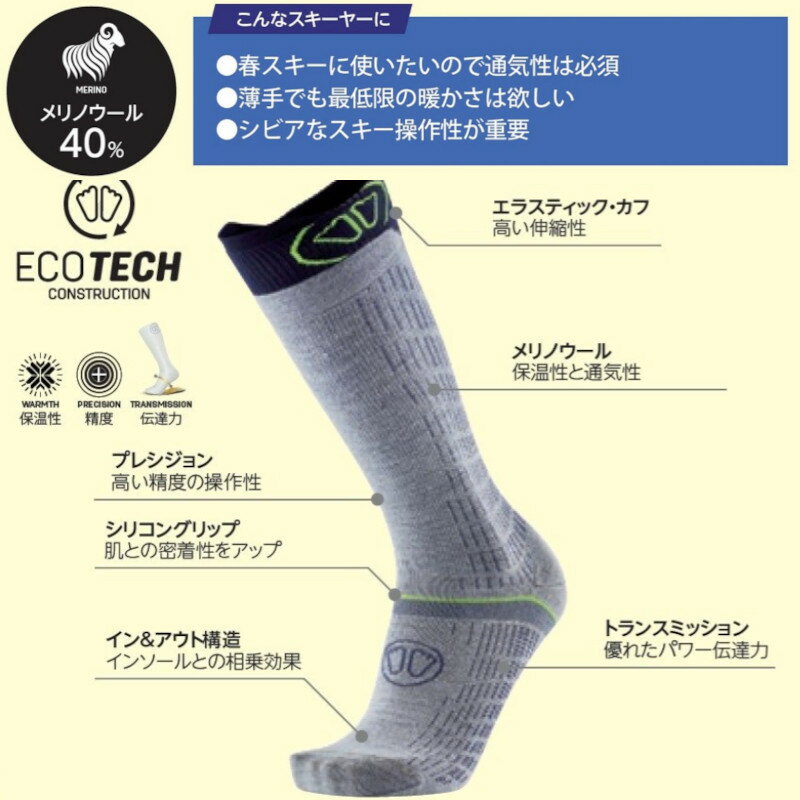 シダス スキーソックス SIDAS Ski Merino Performance パフォーマンス メリノウール混 フィット感 グリップ
