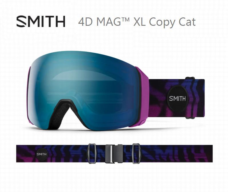 メーカー名：SMITH 商品名：(E)4D MAG XL COPY CAT CP　アーリーモデル 品番：10276000 レンズ2枚付属 CP Everyday Blue Mirror / CP Storm Blue Sensor Mirror 要望の声も多く聞かれた4D MAG? XL。XLサイズでOTGに対応し、多くの眼鏡ユーザーにバードアイビジョンを体験してもらえることとなった。AirEvac?機能によりヘルメットとの通気問題もクリアにし、あなたにフォグフリービジョンを提供する。天候やコンディションに関わらず、簡単にレンズチェンジも可能でより広い視界をクロマポップの鮮明でクリアな世界へと導く。4D MAG?と比べて視界が13％アップした何にも阻まれない広い視界をぜひ体験して欲しい。 クロマポップレンズ2枚標準装備。環境を考慮したサスティナブルパッケージ。レンズカバーが付属する。 MAG? series Technologies 50年以上続くSMITH の歴史が誇るフラッグシップのインターチェンジブルシリーズ。簡単なレンズ交換システムと他に類を見ない上下左右の広い視界が特徴。天候の変化に対応できる晴天用と曇天用の2 枚のクロマポップレンズが付属。フレーム機能から光学技術を極めるレンズまで妥協のないマテリアルと技術が注ぎ込まれている。 VISION+FIT + バードアイビジョン + 晴天用と曇天用の2枚のクロマポップレンズ標準装備 + サーマルフォジット・ガスケットを採用、アウター＆インナーレンズをエンデュラロック・グルーで圧着 + TLTレンズテクノロジー（歪みのないクリアな視界） + 金型成形のポリカーボネイト素材の、カーボニックX レンズ採用 + 5X アンチフォグ・インナーレンズ（水蒸気をインナーレンズ内部にとじ込め曇りの原因を抑える。通常のSMITHフォグX・インナーレンズの5倍の曇り防止機能がある） + MAG?レンズチェンジシステム（CHANGE IS EASY） + 3レイヤー DriWix フェースフォーム + ヘルメットとの最高なインテグレーション AND MORE + ウルトラワイド・ストラップ（ズレ防止の裏側シリコン加工） + クイック・バックルシステム（素早い脱着が可能なクリップバックル採用） + マイクロファイバー素材ゴーグルバック（スペアレンズ用スリーブ付き）付属 + ハードケース付属 + Low Bridge Fit（ASIA Fit） + レンズカバー付属 SIZE + 4D MAG XL　ラージフィット メーカー希望小売価格はメーカーサイトに基づいて掲載しています