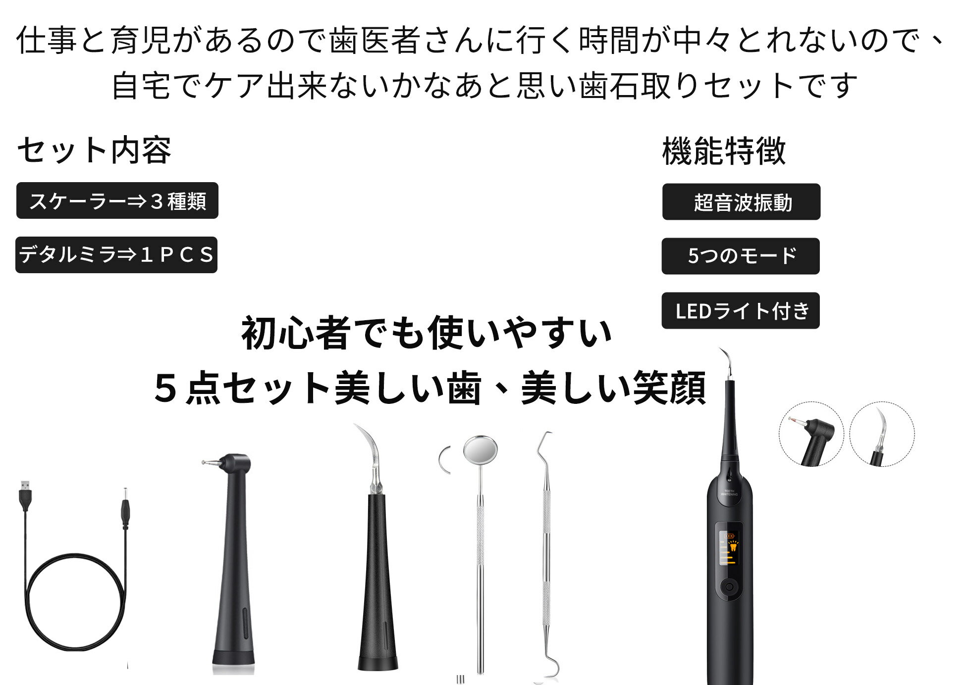 口腔洗浄器 音波 歯石取り 超音波 自分 歯石 除去 電動 口臭 歯 ヤニ取り 歯 ケア用品 ヤニ取り クリーナー 歯 歯間ブラシ 黄ばみ 汚れ 口腔ケア 歯用ツール　自分超音波歯石取り 2