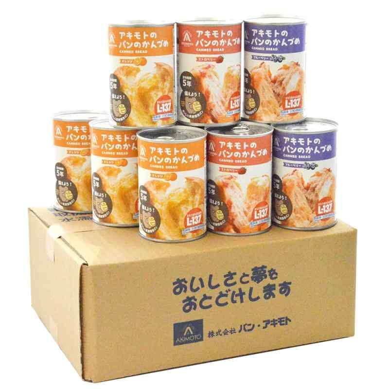アキモトのパン パンのかんづめ 12缶（3種×各4缶）乳酸菌入り お届け時 賞味期限4年以上 缶入名称：缶入りソフトパン原材料：【オレンジ】 小麦粉（国内製造）、オレンジ味フィリング（糖類（水あめ、砂糖、ぶどう糖果糖液糖）、みかん、オレンジ）、砂糖、マーガリン、油脂加工食品、パン酵母、加熱乳酸菌、食塩／加工でん粉、ソルビット、増粘剤（増粘多糖類、CMC）、香料、酸味料、pH調整剤、乳化剤、リン酸Ca、粗製海水塩化マグネシウム、着色料（カロテノイド、アナトー）、V．C、酸化防止剤（V．E）、（一部に小麦・乳成分・大豆・オレンジを含む）原材料：【ストロベリー】 小麦粉（国内製造）、いちご味フィリング（糖類（砂糖、水あめ）、いちご）、砂糖、マーガリン、油脂加工食品、パン酵母、加熱乳酸菌、食塩／加工でん粉、ソルビット、増粘剤（増粘多糖類、CMC）、着色料（紅麹、クチナシ、アナトー、カロテン）、酸味料、乳化剤、香料、pH調整剤、リン酸Ca、粗製海水塩化マグネシウム、V．C、酸化防止剤（V．E）、（一部に小麦・乳成分・大豆を含む）原材料：【ブルーベリー】 小麦粉（国内製造）、ブルーベリー味フィリング（砂糖、水あめ、ブルーベリー、ブルーベリー濃縮果汁、寒天）、砂糖、マーガリン、油脂加工食品、パン酵母、加熱乳酸菌、食塩／加工でん粉、増粘剤（増粘多糖類、CMC）、香料、着色料（アントシアニン、クチナシ、アナトー、カロテン）、pH調整剤、乳化剤、粗製海水塩化マグネシウム、リン酸Ca、V．C、酸化防止剤（V．E）、（一部に小麦・乳成分・大豆を含む）栄養表示 100g当たり：【オレンジ】 エネルギー：304kcal　たんぱく質：6.1g 脂質：7.2g　炭水化物：53.8g　食塩相当量：0.51g 【ストロベリー】 エネルギー：307kcal　たんぱく質：6.1g 脂質：7.4g　炭水化物：54.0g　食塩相当量：0.48g 【ブルーベリー】 エネルギー：297kcal　たんぱく質：6.0g 脂質：7.3g　炭水化物：51.9g　食塩相当量：0.46g内容量 100g×6缶　1缶サイズ：直径77mm×高さ113mm賞味期限：製造から5年　保存方法：直射日光、高温多湿な場所を避けて常温で保存してくださいお届け時 賞味期限4年以上