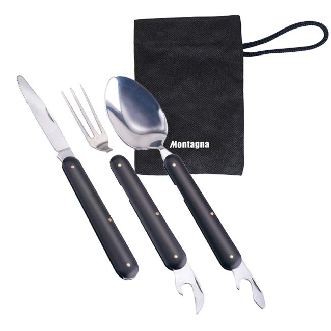 【便利な4点セット】Montagna(モンターナ) ツール付き折りたたみカトラリーセット スプーン+栓抜き フォーク+缶切り ナイフ 専用袋 HAC4522 ブ...
