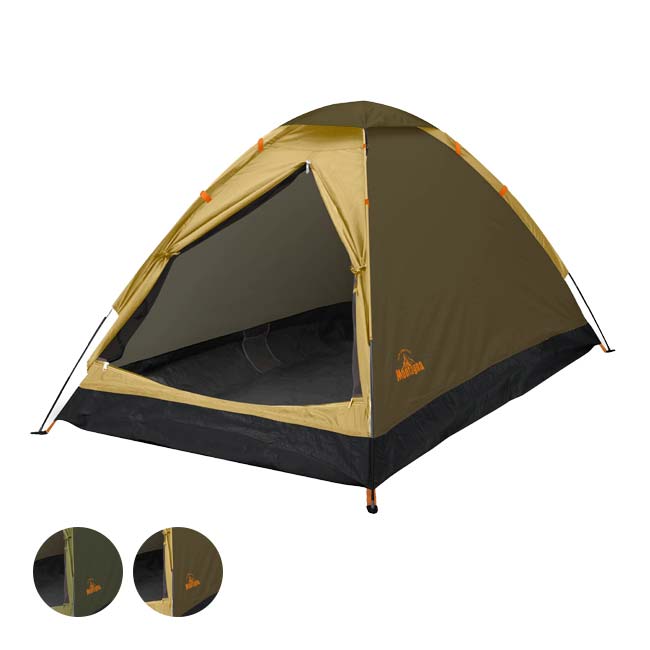 SPEC カラーツートングリーン(HAC3554)、ツートンベージュ(HAC3560) サイズ組立時：約W120×D200×H110cm／パッケージサイズ：約W55×D10.5×H10.5cm ウェイト本体：約1.4kg／パッケージ込み：約1.6kg 素材本体：ポリエステル、PE／ポール：グラスファイバー 付属品屋根シート×1、ペグ×8、ロープ×4、収納袋×1 原産国/製造国中国 仕様・特徴ポール2本の簡単構造なので1人でも短時間で設営できる2人用ドームテントです。 ・フルオープン、メッシュクローズ、フルクローズの切替えができるのでシーンに合わせて開閉可能 ・収納袋付きで持ち運び楽々 ・各種レジャーにおすすめ ※ご使用前に必ずパッケージ記載の「商品取り扱いに関する注意事項」や同梱の取扱説明書等をお読みください。 ※テント以外のアウトドア用品や小物等は撮影用です。付属しません。