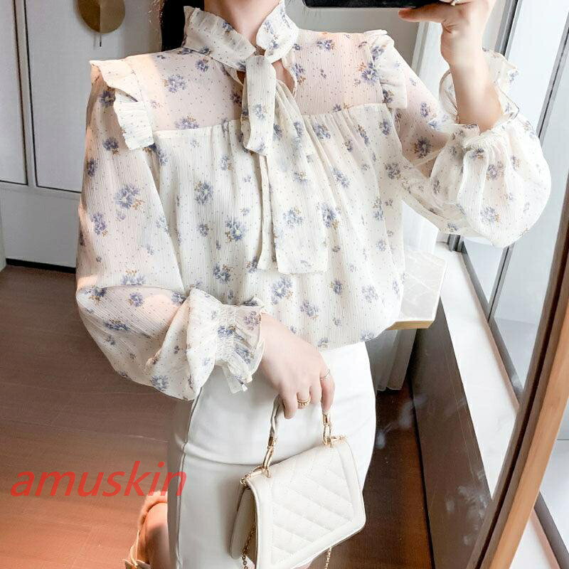 Rakuten - ブラウス レディース きれいめ 40代 春夏秋新作 オシャレブラウス 白シフォンシャツ 花柄 長袖ス リボンネック 大人 通勤 ゆったり シャツ