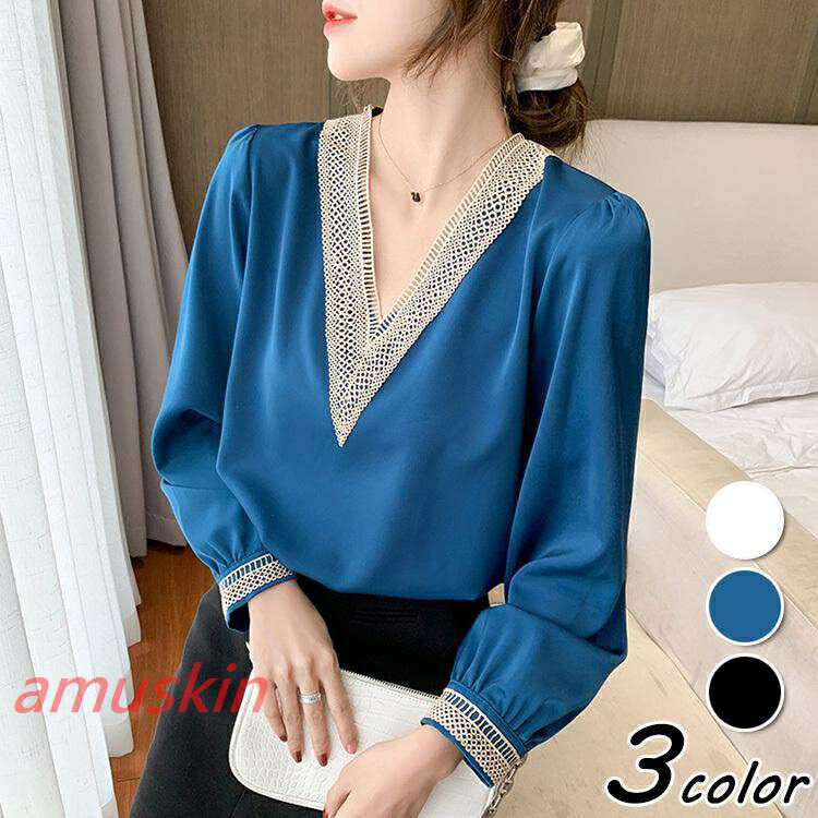 乐天商城 - ブラウス レディース きれいめ 40代 春夏秋新作 オシャレブラウス 白 シルク風シャツ 長袖ス vネックブラウス 大人 通勤 ゆったり シャツ30代