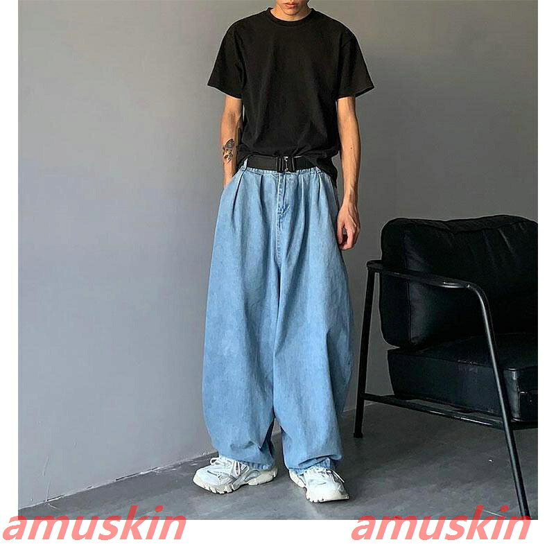 ワイドデニムパンツ バギーパンツデニム 体型カバー リラックスパンツ メンズ ルー...