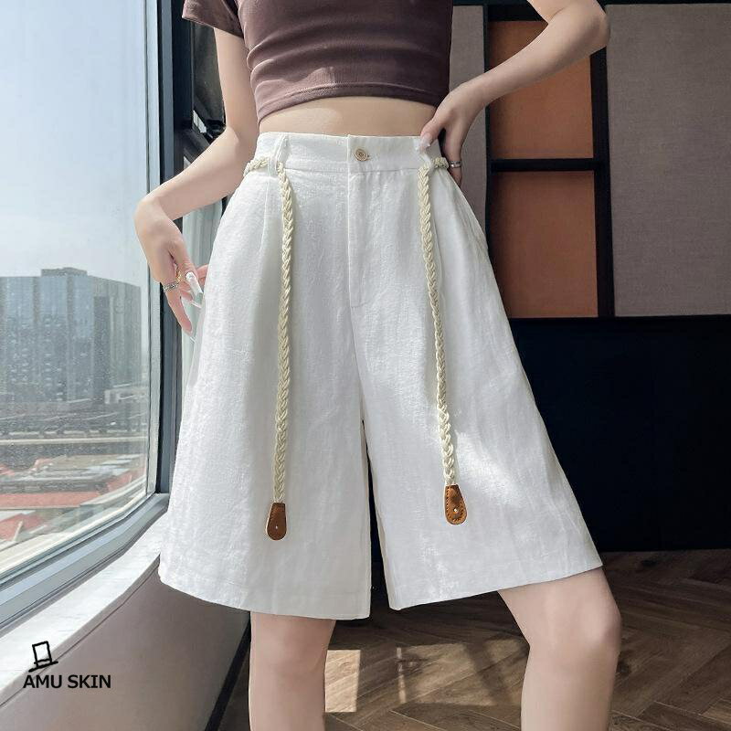 ハーフパンツ レディース ワイドパンツ 綿麻パンツ 夏 薄手 ハイウエスト ロープベルト付 ワイド バミューダパンツ シンプル カジュアル