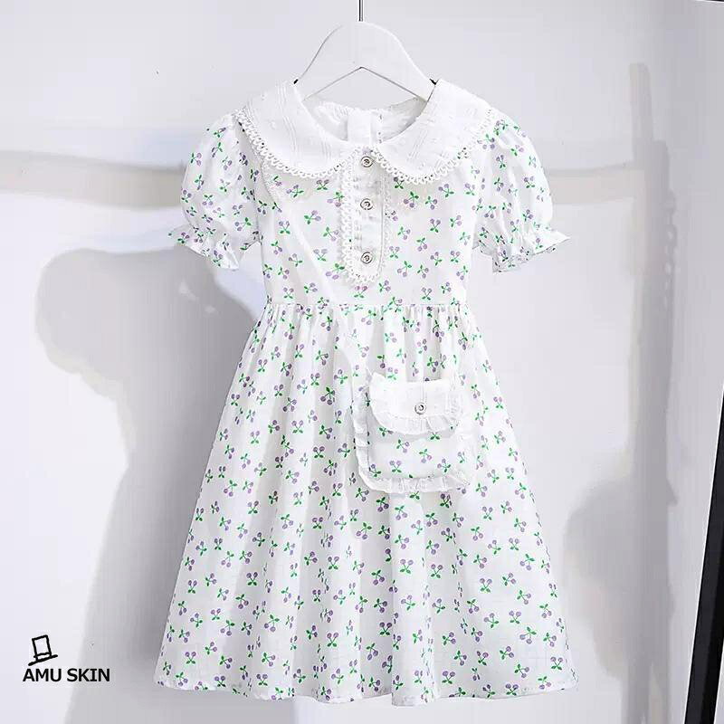 キッズワンピース 夏 半袖 子供ドレス 総柄 フルーツ柄 発表会 ドレス プリンセス ボタン 膝丈 レース フリル 可愛い カジュアル 夏