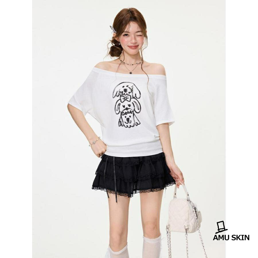 Rakuten - Tシャツ レディース 半袖 カットソー 夏 オフショルダー ボートネック 犬 プリント アニマル イラスト 可愛い ゆったり 着痩せ 学生