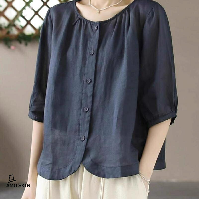 【楽天スーパーSALE】ブラウス レディース 半袖 五分袖 リネンシャツ ス 夏 綿麻 混 丸襟 前開き ゆったり おしゃれ ナチュラル 体型カバー 涼しい