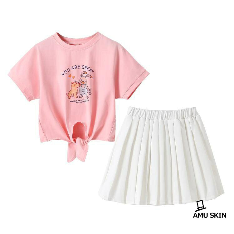 【楽天スーパーSALE】子供 女の子 セットアップ 夏 2点セット 半袖 Tシャツ プリーツスカート キッズ 上下セット ガールズ 裾結び プリント 可愛い 通学