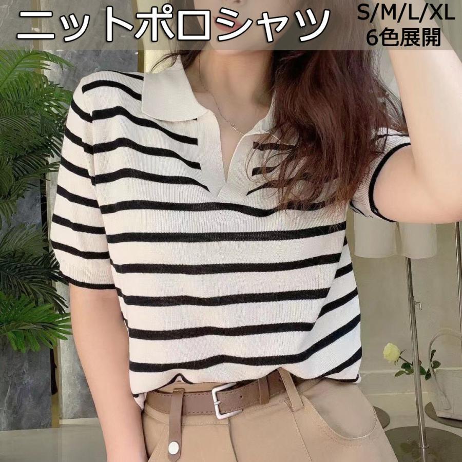 ゴルフウェア レディース 40代 ポロシャツ 半袖 ニット ボーダーライン 着やせ カジュアル スポーツウェア ゴルフシャツ テニス かわいい