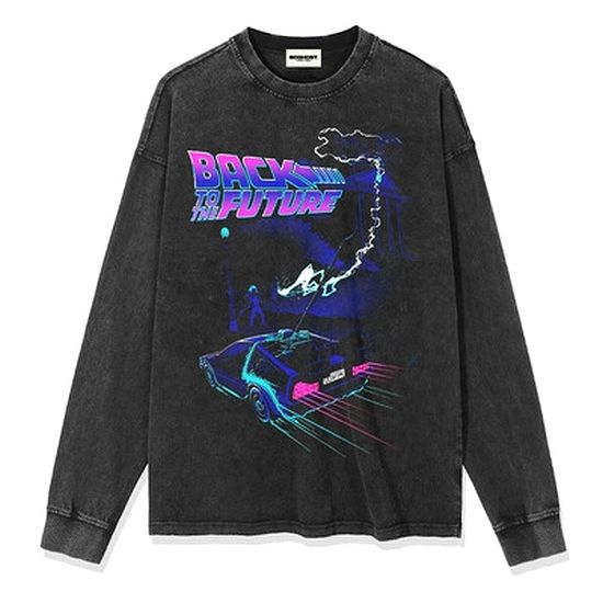 メンズ レディース 長袖Tシャツ映画 アートTシャツBack To The FUTURE バックトゥザフューチャーロンT 色落ち加工 ブラック