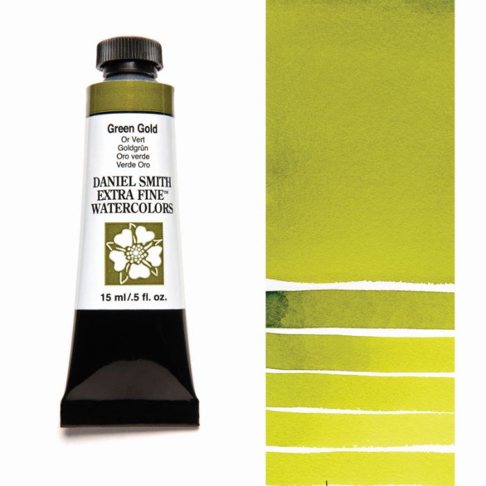 Green Gold 15ml Tube - DANIEL SMITH Extra Fine Watercolor SKU: 284600139 Pigment: PY 150, PY 3, PG 36 | Series: 2 Lightfastness: II - Very Good Transparency: Transparent Staining: 3-Medium Staining Granulation: Non-Granulating Green Gold's bright yellow undertones shine in thin applications allowing for golden highlights with just a hint of green. Use in concentrated applications for wonderfully rich and transparent olive-green tones.