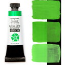 Spring Green 15ml Tube - DANIEL SMITH Gouache SKU: 284860020 Pigment: PPY 53, PG 36, PY 151 | Series: 3 Lightfastness: I - Excellent Transparency: Opaque Staining: 2-Low Staining A lovely clear, bright green that combines two yellow pigments and one green pigment. Enjoy its fresh, punchy quality straight from the tube or mix it with Pyrrol Orange to create a wide variety of landscape-friendly natural greens and rusty oranges. GOUACHE swatches are painted in three sections across black and white surfaces. The top is mass tone straight from the tube; middle is 1:1 paint and water; bottom is 1:1:1 paint, water and Titanium White.