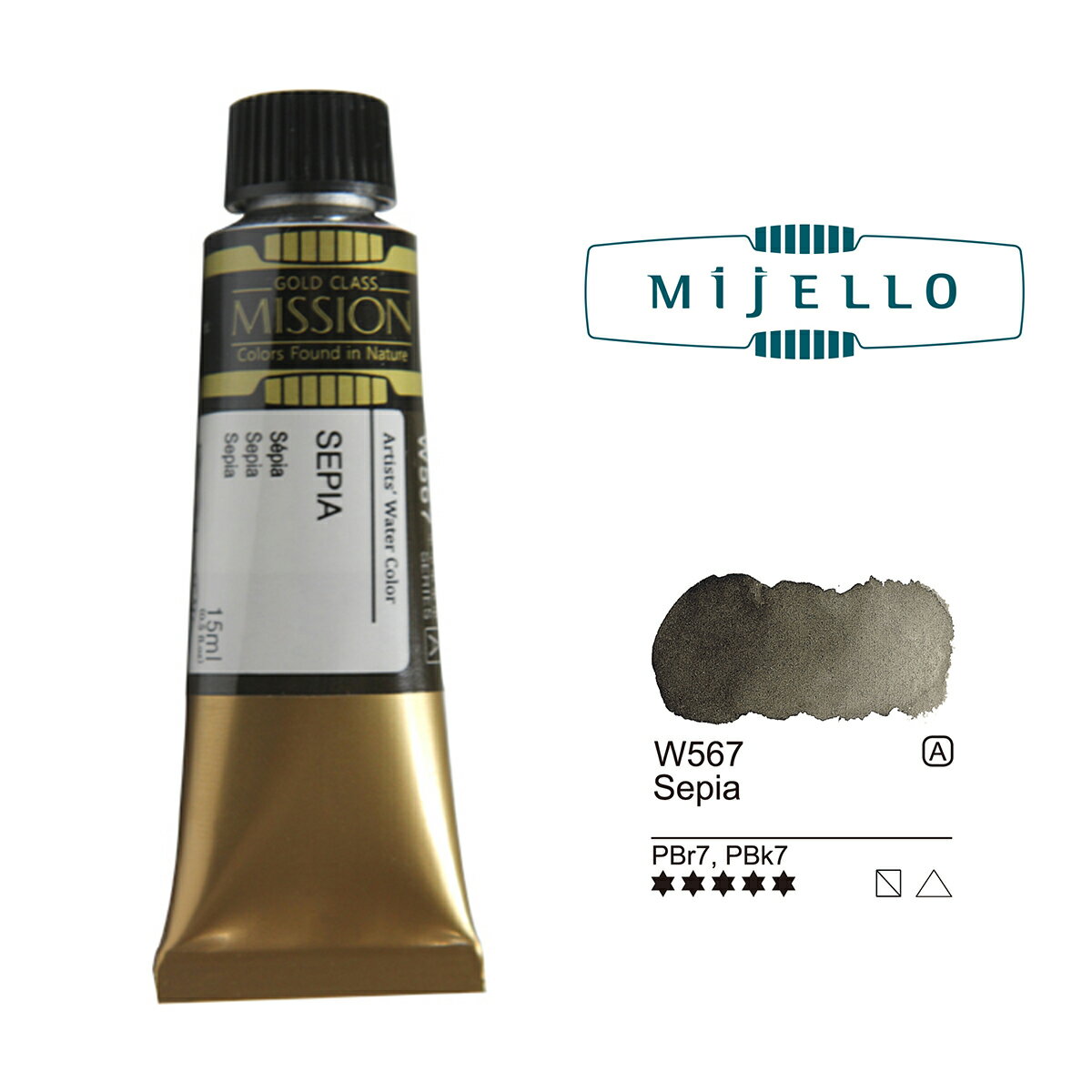 Sepia 15ml Tube - MIJELLO Mission Gold Class Watercolor SKU: MWC-1503A-W567 Pigment: PBr7, PBk7 | Series: A Lightfastness: Extremely Lightfast Transparency/Opacity: Semi-Transparent Staining: Non-Staining Mission Gold Class paints are made with the highest quality pigments and offer excellent light-fastness and guaranteed optimal color expression. The Mission Gold Watercolor line consists of 126 unique colors that can be purchased individually or in our Mission Gold Class sets or Mission Gold Pure Pigment sets. OUR STANDARDS - Mission Watercolor's 5 Highest Standards 1. The Finest quality pigments with Superior Lightfastness Mission Watercolors use modern technologies to bring the finest quality pigments from around the world to every artist's palette. Exceptional lightfastness and vivid colors will surpass all expectations, adding dynamic permanence to professional artworks. 2. Color Uniformity Experience consistent color strength and formation through Mission Watercolor's differentiated core technology. 3. Exceptional Solvency Mission Watercolors offer outstanding color control through their superior solvency, easily allowing a damp brush to revitalize paint, even from dry palettes. 4. Non-toxic and non-chemical additives Mission Watercolors are created exclusively with non-toxic pigments and non-chemical additives. Our colors are intensely pigmented without gummy thickening agents that can hinder brilliance-resulting in unparalleled color and vibrancy. 5. Cadmium Free, Cosmetic-Grade Preservatives Mission Watercolors surpass industry standards by using only cosmetic grade preservatives that are free of cadmium and formaldehyde. All 126 colors have obtained AP certification from ACMI, ensuring our products are all 100% harmless to humans.