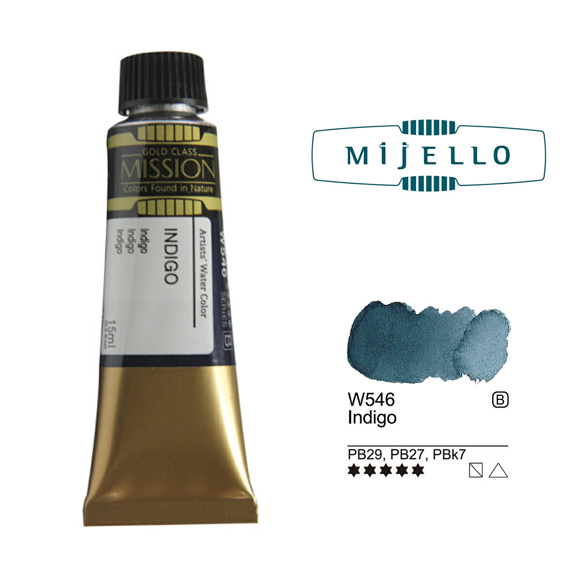 Indigo 15ml Tube - MIJELLO Mission Gold Class Watercolor SKU: MWC-1503B-W546 Pigment: PB29, PB27, PBk7 | Series: B Lightfastness: Extremely Lightfast Transparency/Opacity: Semi-Transparent Staining: Non-Staining Mission Gold Class paints are made with the highest quality pigments and offer excellent light-fastness and guaranteed optimal color expression. The Mission Gold Watercolor line consists of 126 unique colors that can be purchased individually or in our Mission Gold Class sets or Mission Gold Pure Pigment sets. OUR STANDARDS - Mission Watercolor's 5 Highest Standards 1. The Finest quality pigments with Superior Lightfastness Mission Watercolors use modern technologies to bring the finest quality pigments from around the world to every artist's palette. Exceptional lightfastness and vivid colors will surpass all expectations, adding dynamic permanence to professional artworks. 2. Color Uniformity Experience consistent color strength and formation through Mission Watercolor's differentiated core technology. 3. Exceptional Solvency Mission Watercolors offer outstanding color control through their superior solvency, easily allowing a damp brush to revitalize paint, even from dry palettes. 4. Non-toxic and non-chemical additives Mission Watercolors are created exclusively with non-toxic pigments and non-chemical additives. Our colors are intensely pigmented without gummy thickening agents that can hinder brilliance-resulting in unparalleled color and vibrancy. 5. Cadmium Free, Cosmetic-Grade Preservatives Mission Watercolors surpass industry standards by using only cosmetic grade preservatives that are free of cadmium and formaldehyde. All 126 colors have obtained AP certification from ACMI, ensuring our products are all 100% harmless to humans.