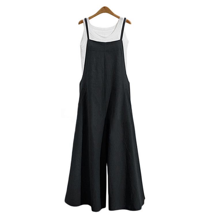 レディース リネン混 無地 大きいサイズ 綿 体型カバー スリット サロペット キャ...