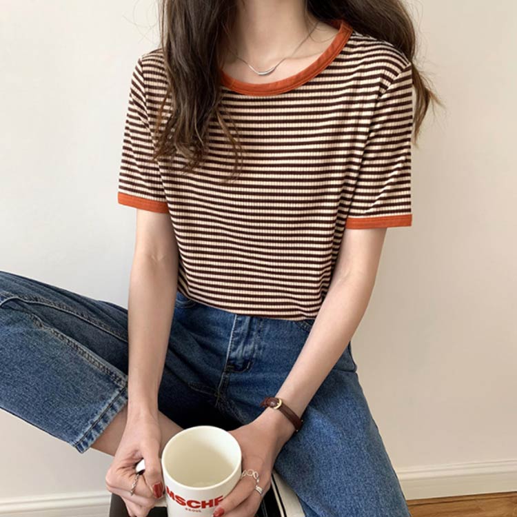 きれいめ ボーダー uネック tシャツ レディース ブラック カジュアル ラウンドネック カットソー 大人 リブ 春 夏 送料無料 黒 緑 トップス ブラウン 可愛い おしゃれ 半袖