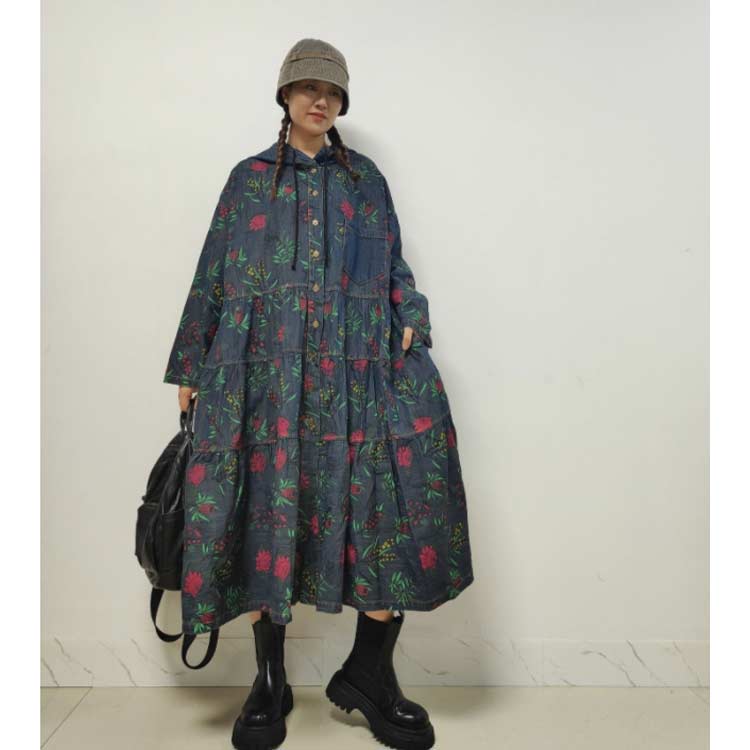 デニム ワンピース 花柄 レディース シャツワンピース 花ワンピース ロングワンピース ティアード フード付き 長袖 ロング フレア Aライン 羽織り 綿 コットン 春 秋