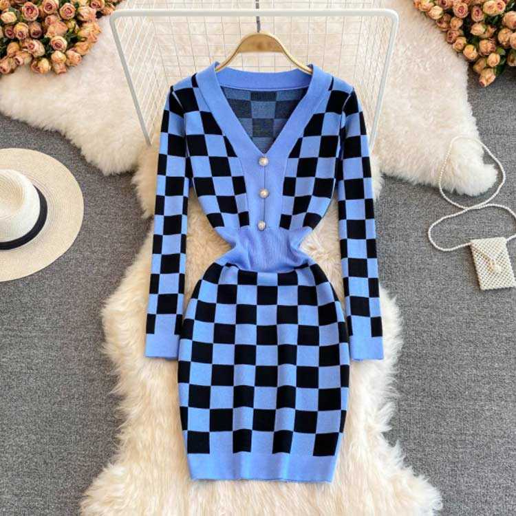 ロングニットワンピース ニット 長袖 ひざたけ チェック柄 ニットワンピース ロング丈 ニットワンピース Vネック 膝丈 秋冬 春秋 ベスト タイトニットワンピース 柄 無地 シンプル タイト