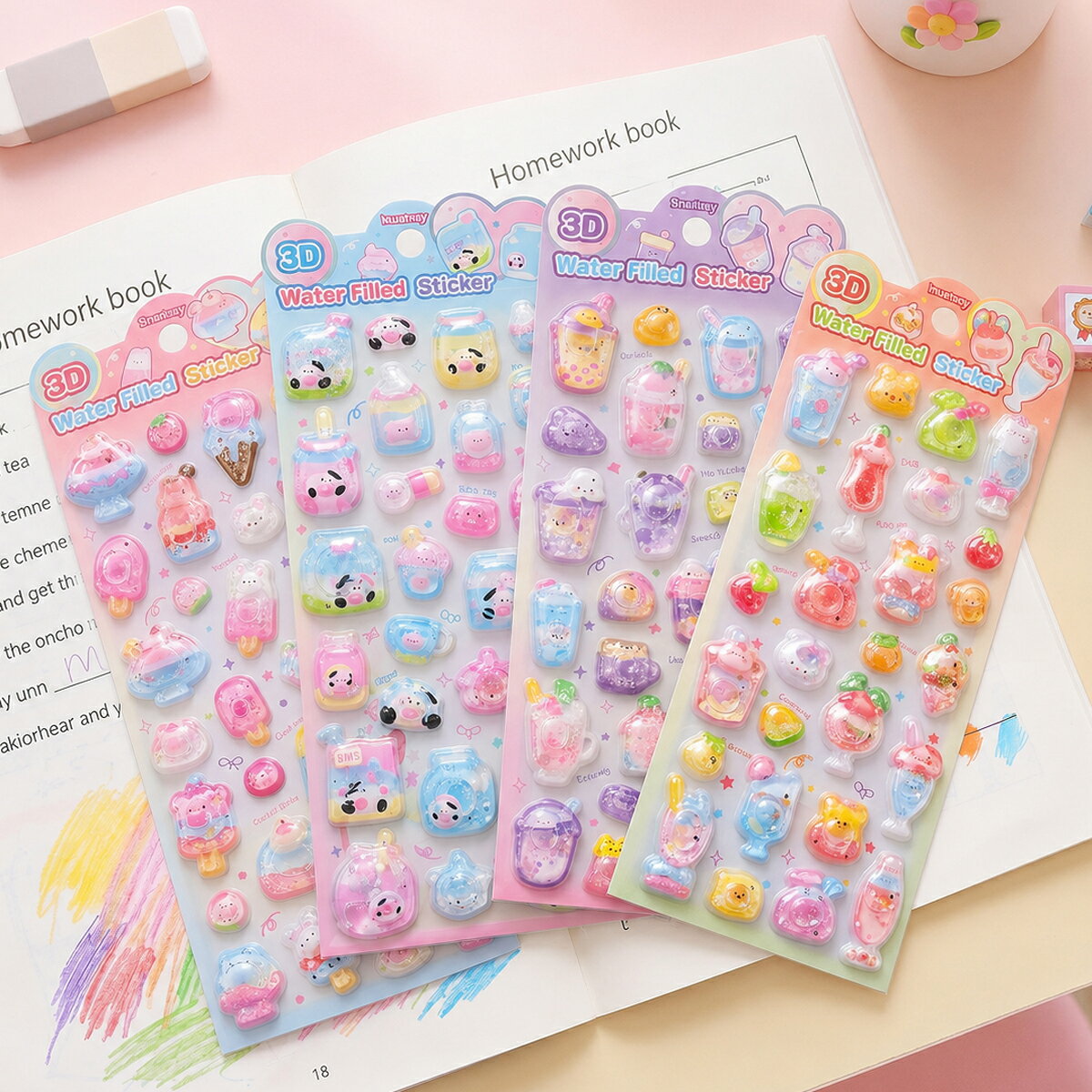 ■ 商品紹介 ぷっくりとした立体感とキラキラ輝くデザインがかわいい3Dウォーターインシールです。 カラフルでポップなモチーフを集めた、見ているだけでも楽しくなるデコレーションステッカーです。 手帳やノートのデコレーションはもちろん、スマホケースや水筒、コップなど身近なアイテムのアレンジにもおすすめです。 8色セットでいろいろなデザインを楽しめるため、子供のごほうびシールやシール遊び、DIY素材としても活用できます。 ■ 商品特徴 ●ぷっくり立体感のある3Dデザイン 厚みのある立体的なデザインで、平面シールとは違った存在感を楽しめます。 ●キラキラかわいいカラフルデザイン 明るくカラフルなモチーフを揃えており、手帳やノートをかわいく彩ります。 ●8色セットでたっぷり楽しめる ピンクやブルー、パープル、グリーンなど、カラフルな8色セットで用途や気分に合わせて使い分けできます。 ●幅広いデコレーションに活躍 手帳デコ、ノート、スマホケース、水筒、コップ、文房具など、さまざまなアイテムの装飾におすすめです。 ●子供のごほうびシールにもおすすめ かわいいデザインで、毎日のシール遊びや子供へのごほうび、プレゼントにもぴったりです。 ●DIYやハンドメイド素材としても便利 オリジナルカードやアルバム、ラッピングなどのデコレーション素材としてもお使いいただけます。 ■ 商品仕様 ☆商品名：3Dウォーターイン立体シール ☆タイプ：3D立体シール ☆デザイン：カラフル、キラキラ、ポップデザイン ☆セット内容：8色セット ☆特徴：ぷっくり立体、キラキラデザイン、カラフル ☆用途：手帳デコ、ノート、スマホケース、水筒、コップ、文房具、ラッピング、DIYなど ☆対象：子供、大人 ■ おすすめ対象 ☆手帳やノートをかわいくデコレーションしたい方 ☆スマホケースや水筒、コップを自分好みにアレンジしたい方 ☆キラキラした立体シールやかわいい文房具が好きな方 ☆子供のシール遊びやごほうびシールをお探しの方 ☆DIYやハンドメイドのデコレーション素材をお探しの方 ☆誕生日やイベントのちょっとしたプレゼントをお探しの方 ■ ご注意 ※商品画像は撮影環境やモニター設定により、実際の商品と色味が異なって見える場合がございます。 ※製造工程上、シールのサイズ、厚み、色合いなどに多少の個体差が生じる場合がございます。 ※貼り付ける面の素材や状態によっては、剥がれやすくなる場合がございます。 ※汚れやほこり、水分、油分などを取り除いてから貼り付けてください。 ※小さなお子様が使用する場合は、誤飲や貼り付け場所に十分ご注意ください。 ※本来の用途以外でのご使用はお控えください。 ■ ご関連キーワード 3Dシール 立体シール ウォーターインシール ウォーターステッカー ぷっくりシール キラキラシール カラフルシール ステッカー デコシール 手帳デコ 手帳シール ノートデコ スマホケースデコ 水筒デコ コップデコ 文房具デコ ごほうびシール 子供シール シール遊び DIY ハンドメイド素材 ラッピング デコレーション かわいいシール 8色セット