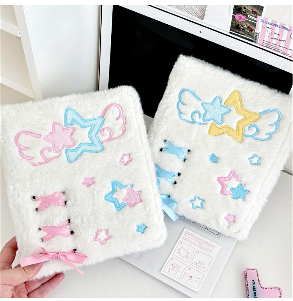 【2点購入40％OFFクーポン】 シール帳 A6 バインダー 6穴 リフィル10枚付き もふもふ 天使星柄 リボンデザイン ふわふわ シール手帳 シールバインダー かわいい コレクションファイル チェキ収納 トレカケース カード収納 推し活グッズ 女の子 学生 大人向け anahaimu-10000821 あなはいむ店 サンプル画像3