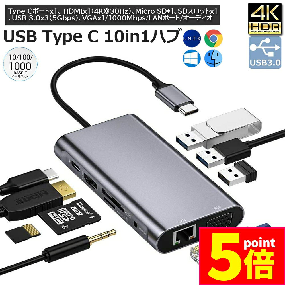 ★期間限定ポイント5倍★ハブ USB C ハブ HUB 10in1 100WPD出力対応 4K対応 ディスプレイ2台出力可能 10..