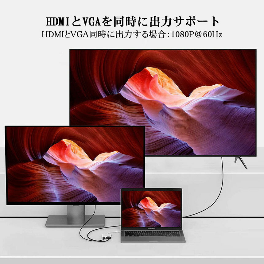 USB Type C to HDMI VGA アダプター 2in1 HDMI VGA同時出力 高速転送 USB-C Thunderbolt 3対応 Type-C to HDMI 4Kx2K/30Hz+ VGAアダプター MacBook/ipad/Google Chromebook Pixel/Huawei Mate/Lenovo Yoga/Samsung Galaxy などUSB C デバイス対応 シルバー