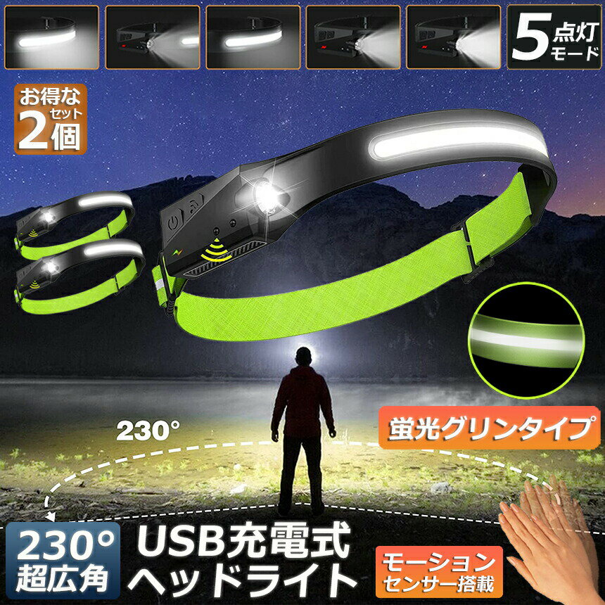 ★期間限定！ポイント5倍★ヘッドライト 充電式 USB 反射ストラップ 2個セット LEDデュアル光源 5種点灯モード 70g超軽量 高輝度 アウトドア用ヘッドライト IPX4防水 防塵 1200mAh大容量バッテリー 最大8時間使用可能 2