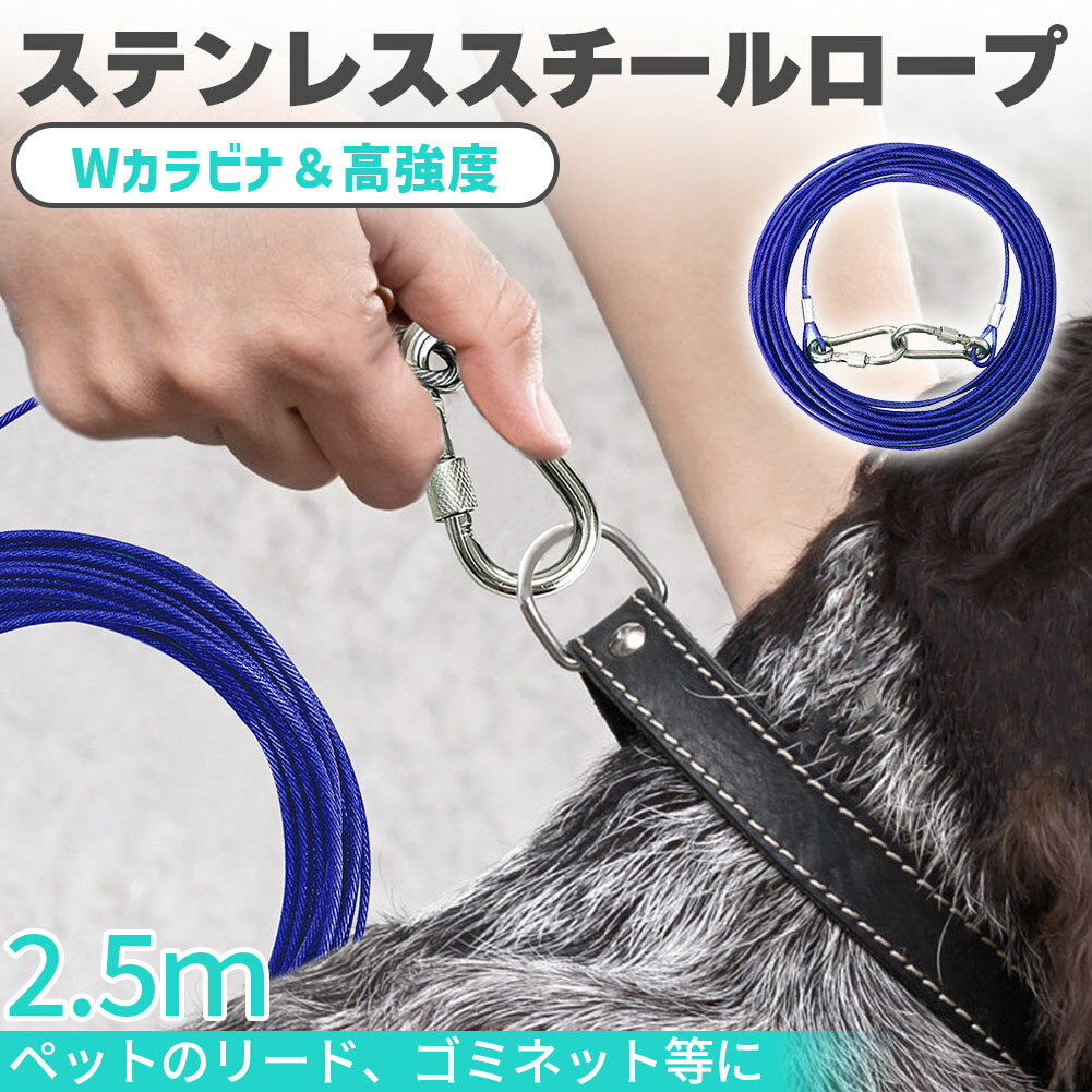 リード 犬用 係留ケーブル ステンレス 2.5m カラビナフック 3mm 犬 ワイヤー 軽い 丈夫 しつけ用 錆び付かない リード 外飼い キャンプ 小型 中型 大型 適応 散歩 庭 屋外用